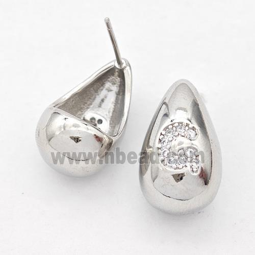 Copper Teardrop Stud Earring Pave Zirconia Letter-G Platinum Plated