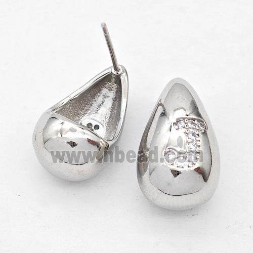 Copper Teardrop Stud Earring Pave Zirconia Letter-J Platinum Plated