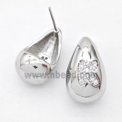 Copper Teardrop Stud Earring Pave Zirconia Letter-K Platinum Plated