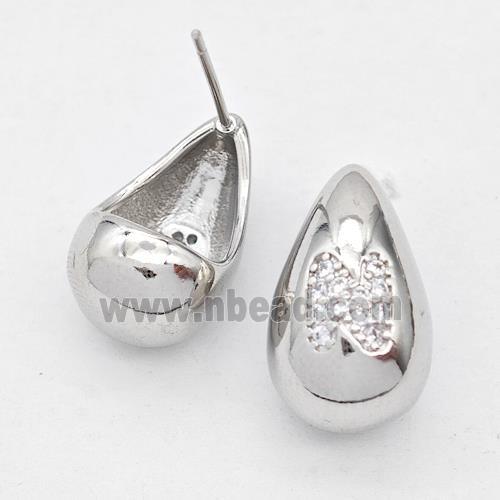 Copper Teardrop Stud Earring Pave Zirconia Letter-N Platinum Plated