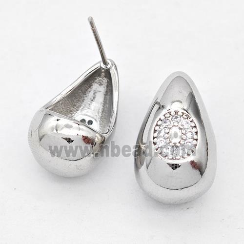 Copper Teardrop Stud Earring Pave Zirconia Letter-O Platinum Plated