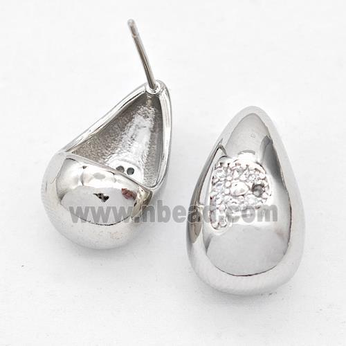 Copper Teardrop Stud Earring Pave Zirconia Letter-P Platinum Plated