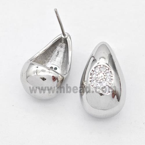 Copper Teardrop Stud Earring Pave Zirconia Letter-Q Platinum Plated