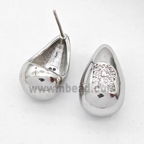 Copper Teardrop Stud Earring Pave Zirconia Letter-R Platinum Plated