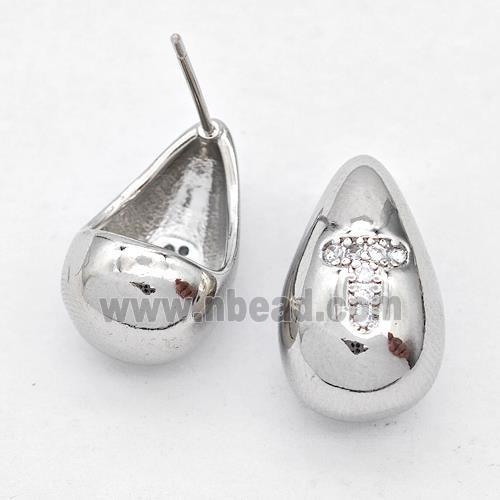 Copper Teardrop Stud Earring Pave Zirconia Letter-T Platinum Plated