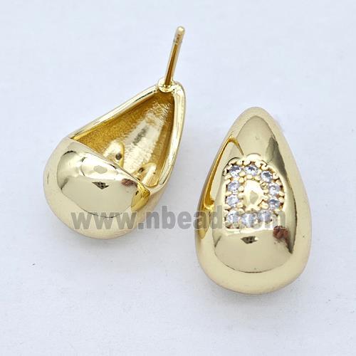 Copper Teardrop Stud Earring Pave Zirconia Letter-D Gold Plated