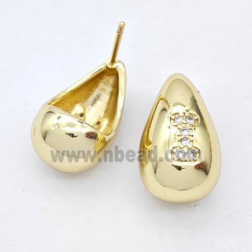 Copper Teardrop Stud Earring Pave Zirconia Letter-I Gold Plated