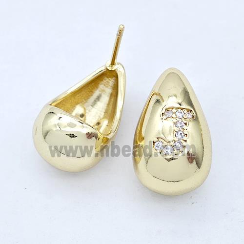 Copper Teardrop Stud Earring Pave Zirconia Letter-J Gold Plated