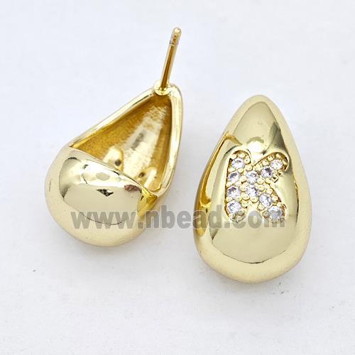 Copper Teardrop Stud Earring Pave Zirconia Letter-K Gold Plated