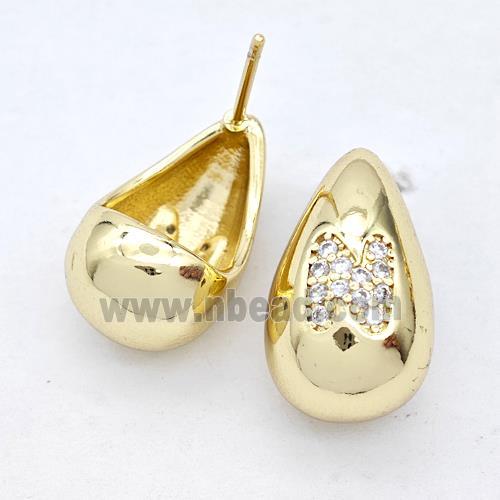 Copper Teardrop Stud Earring Pave Zirconia Letter-N Gold Plated