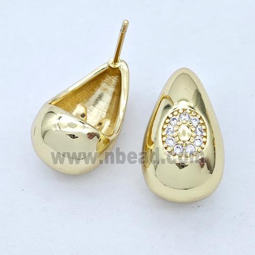 Copper Teardrop Stud Earring Pave Zirconia Letter-O Gold Plated