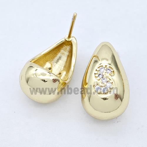 Copper Teardrop Stud Earring Pave Zirconia Letter-S Gold Plated