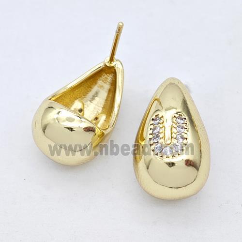 Copper Teardrop Stud Earring Pave Zirconia Letter-U Gold Plated