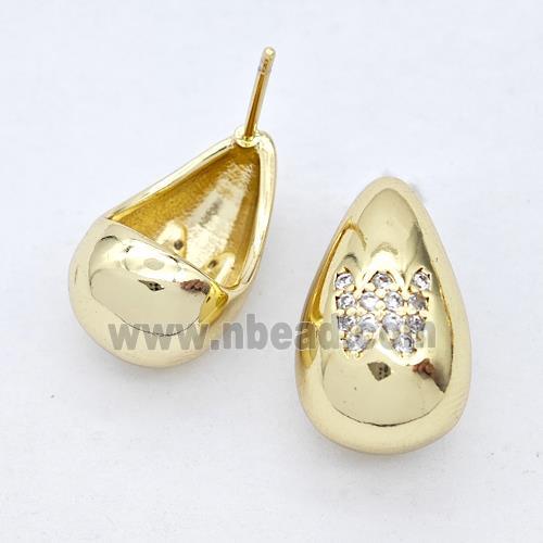 Copper Teardrop Stud Earring Pave Zirconia Letter-W Gold Plated