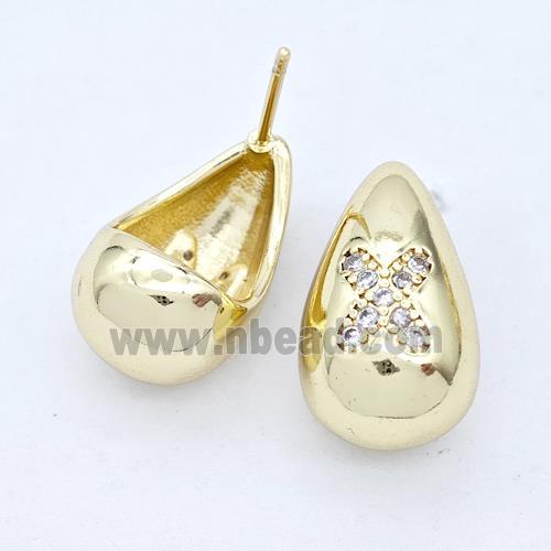 Copper Teardrop Stud Earring Pave Zirconia Letter-X Gold Plated