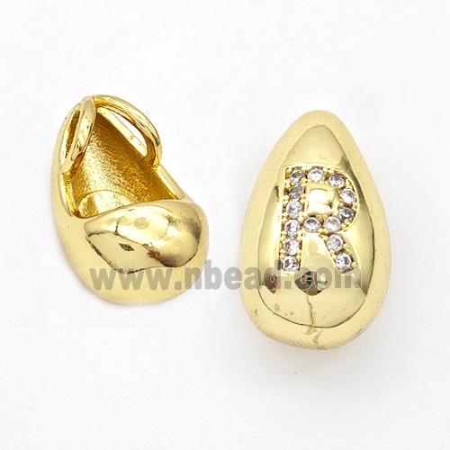 Copper Teardrop Pendant Pave Zirconia Letter-R Gold Plated