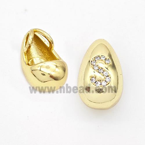 Copper Teardrop Pendant Pave Zirconia Letter-S Gold Plated