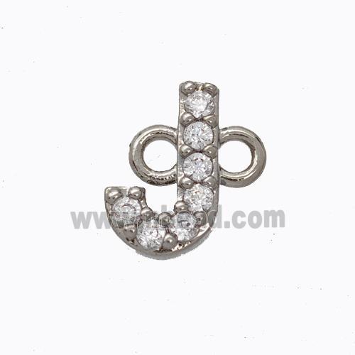 Copper Connector Pave Zirconia Letter-J Platinum Plated