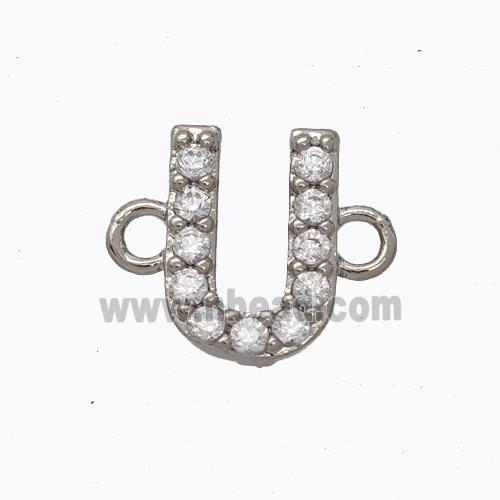 Copper Connector Pave Zirconia Letter-U Platinum Plated