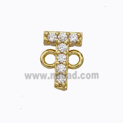 Copper Connector Pave Zirconia Letter-T Gold Plated