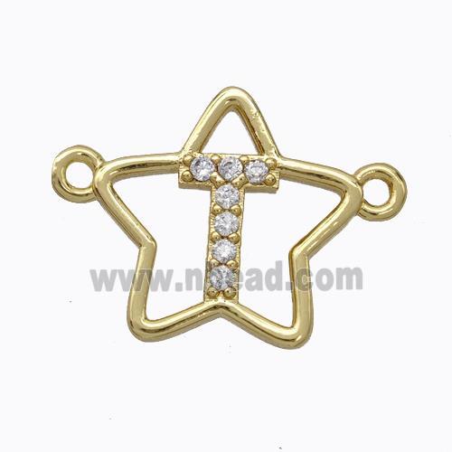 Copper Star Pendant Pave Zirconia Letter-T Gold Plated