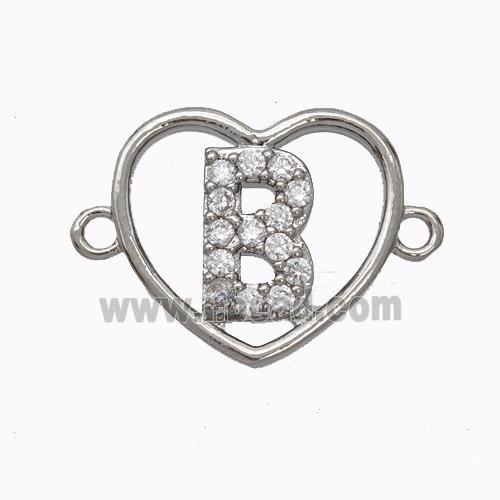 Copper Heart Connector Pave Zirconia Letter-B Platinum Plated