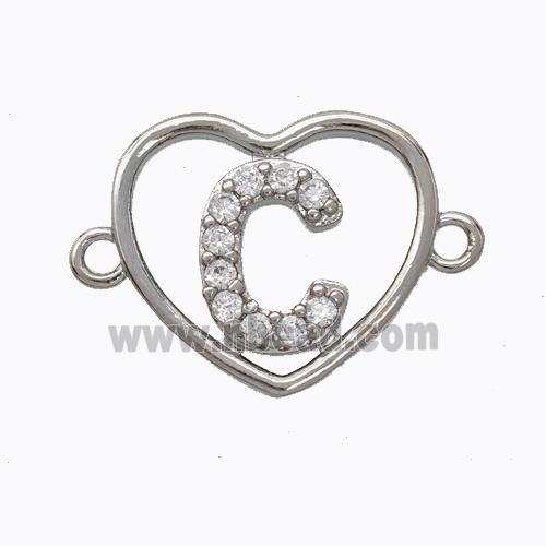 Copper Heart Connector Pave Zirconia Letter-C Platinum Plated