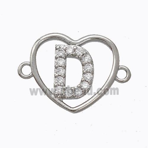 Copper Heart Connector Pave Zirconia Letter-D Platinum Plated