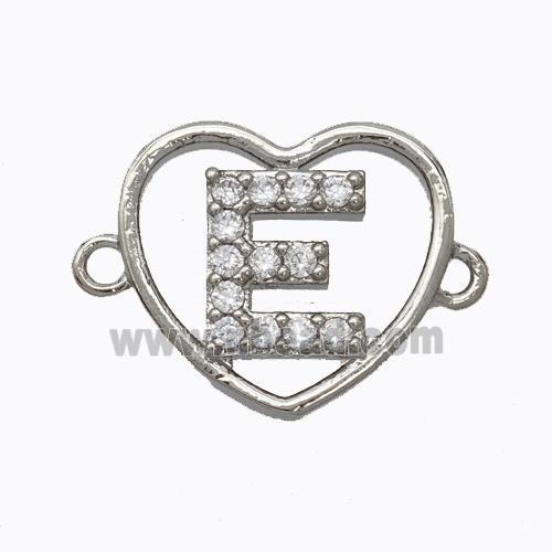 Copper Heart Connector Pave Zirconia Letter-E Platinum Plated