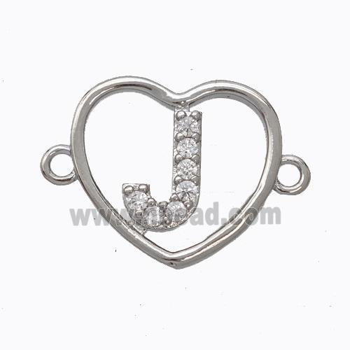 Copper Heart Connector Pave Zirconia Letter-J Platinum Plated