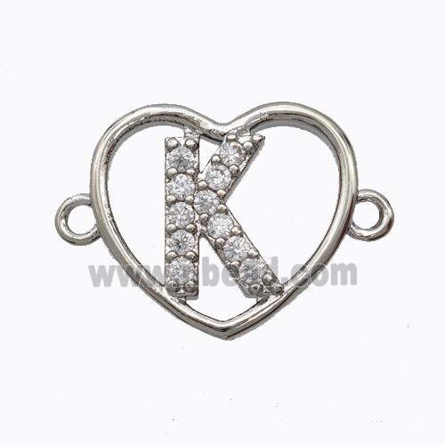 Copper Heart Connector Pave Zirconia Letter-K Platinum Plated