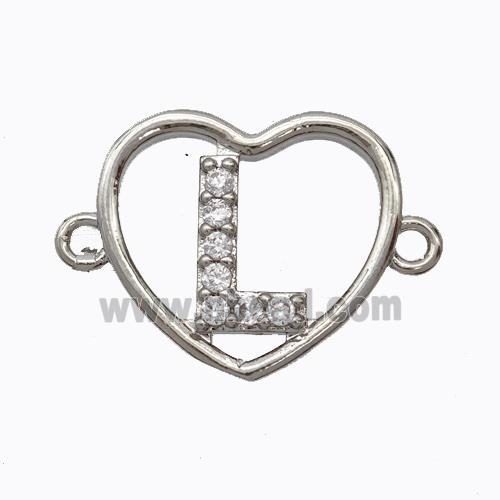 Copper Heart Connector Pave Zirconia Letter-L Platinum Plated