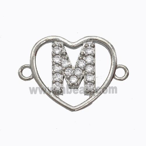 Copper Heart Connector Pave Zirconia Letter-M Platinum Plated