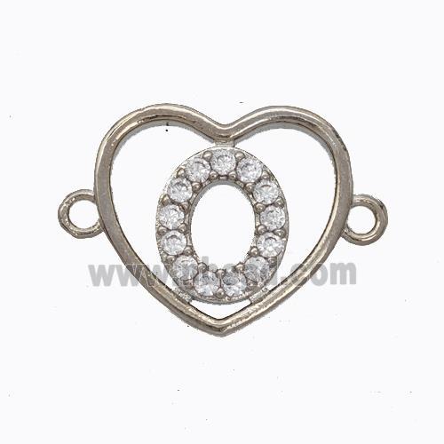 Copper Heart Connector Pave Zirconia Letter-O Platinum Plated