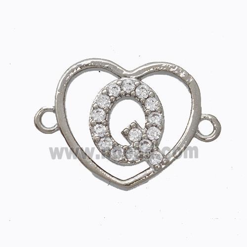 Copper Heart Connector Pave Zirconia Letter-Q Platinum Plated