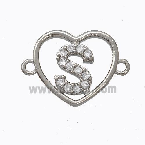 Copper Heart Connector Pave Zirconia Letter-S Platinum Plated