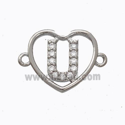 Copper Heart Connector Pave Zirconia Letter-U Platinum Plated