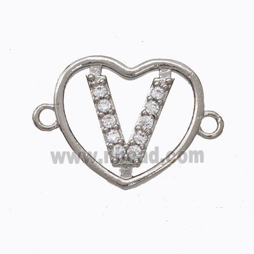 Copper Heart Connector Pave Zirconia Letter-V Platinum Plated