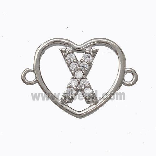 Copper Heart Connector Pave Zirconia Letter-X Platinum Plated