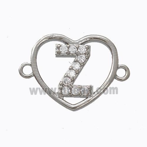 Copper Heart Connector Pave Zirconia Letter-Z Platinum Plated