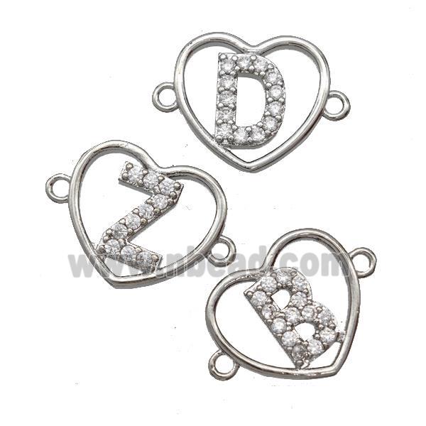 Copper Heart Alphabet Connector Pave Zirconia Mix Letters Platinum Plated