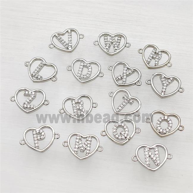 Copper Heart Alphabet Connector Pave Zirconia Mix Letters Platinum Plated