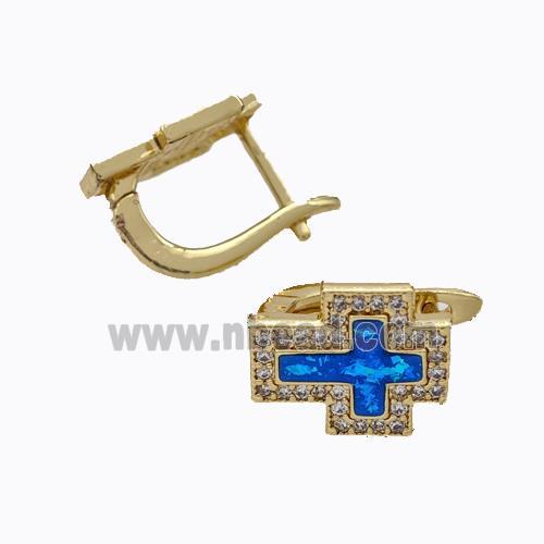 Copper Cross Latchback Earrings Pave Zirconia Blue Fire Opal 18K Gold Plated