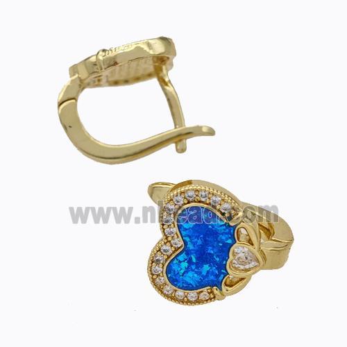 Copper Heart Latchback Earrings Pave Zirconia Blue Fire Opal 18K Gold Plated