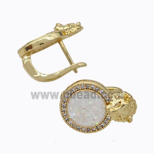 Copper Circle Latchback Earrings Pave Zirconia White Fire Opal Lion 18K Gold Plated