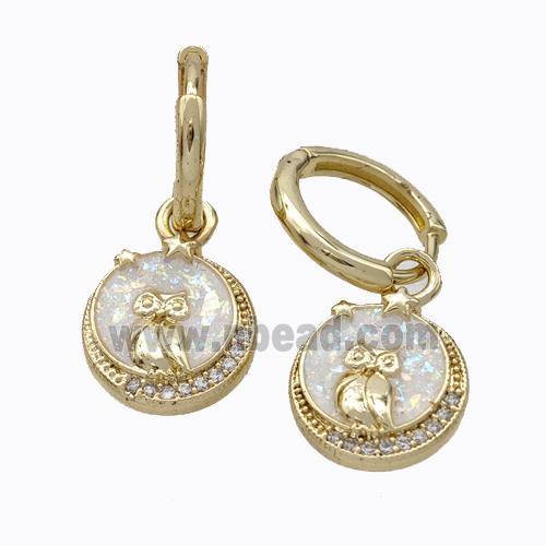 Copper Owl Hoop Earrings Pave Zirconia White Fire Opal 18K Gold Plated