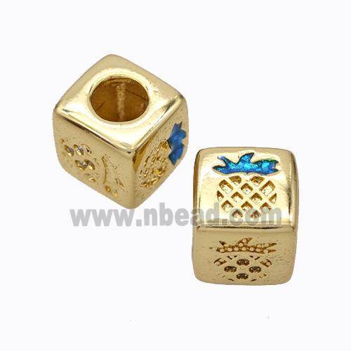 Copper Cube Beads Pave Zirconia Fire Opal Pineapple Large Hole 18K Gold Plated