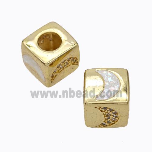 Copper Cube Beads Pave Zirconia Fire Opal Moon Large Hole 18K Gold Plated