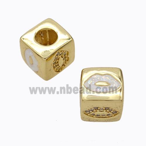 Copper Cube Beads Pave Zirconia Fire Opal Lips Large Hole 18K Gold Plated