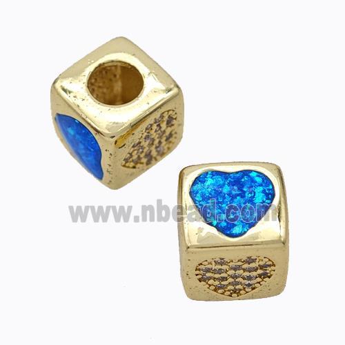 Copper Cube Beads Pave Zirconia Fire Opal Heart Large Hole 18K Gold Plated